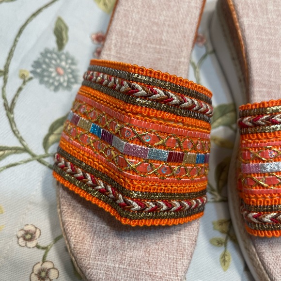 Orange Embroidered Slip On Wedge Sandals - Picture 4 of 10